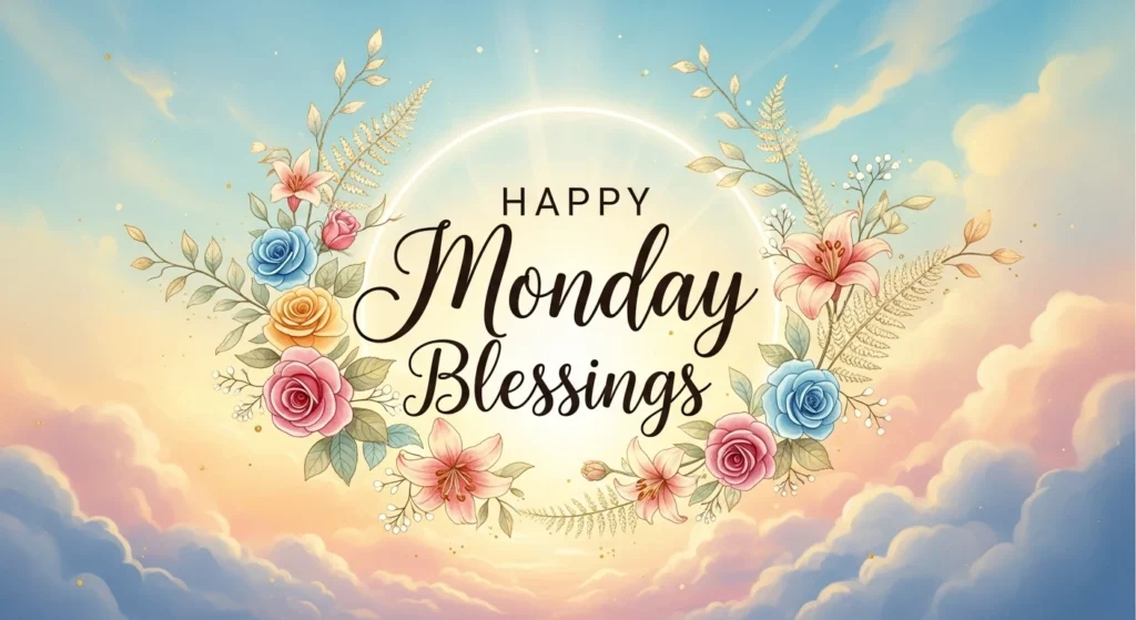 "Happy Monday Blessings with colourful roses, flowers, ferns and pastel cloud sky"
