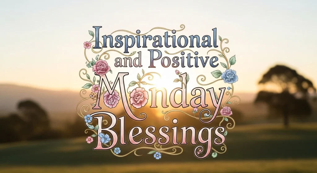 "Inspirational and positive Monday Blessings with pink blue flowers, ornate scrollwork and sunset"