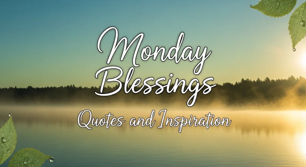 "Monday Blessings quotes and inspiration with serene lake, forest and golden sunrise light"