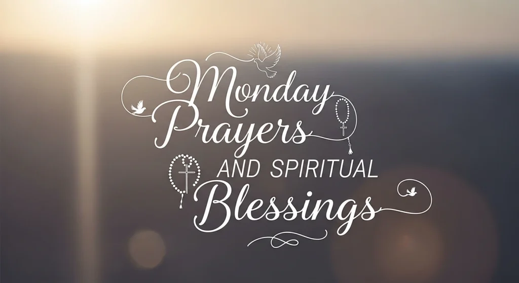 "Monday prayers and spiritual blessings with doves, crosses, rosary beads and soft light"