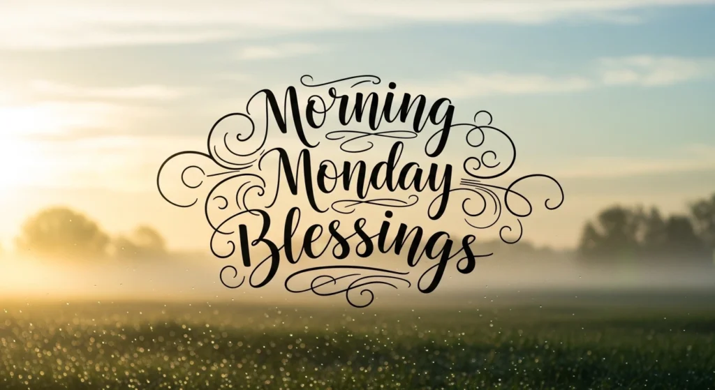 "Morning Monday Blessings with misty green field, sunrise and bokeh light effects"
