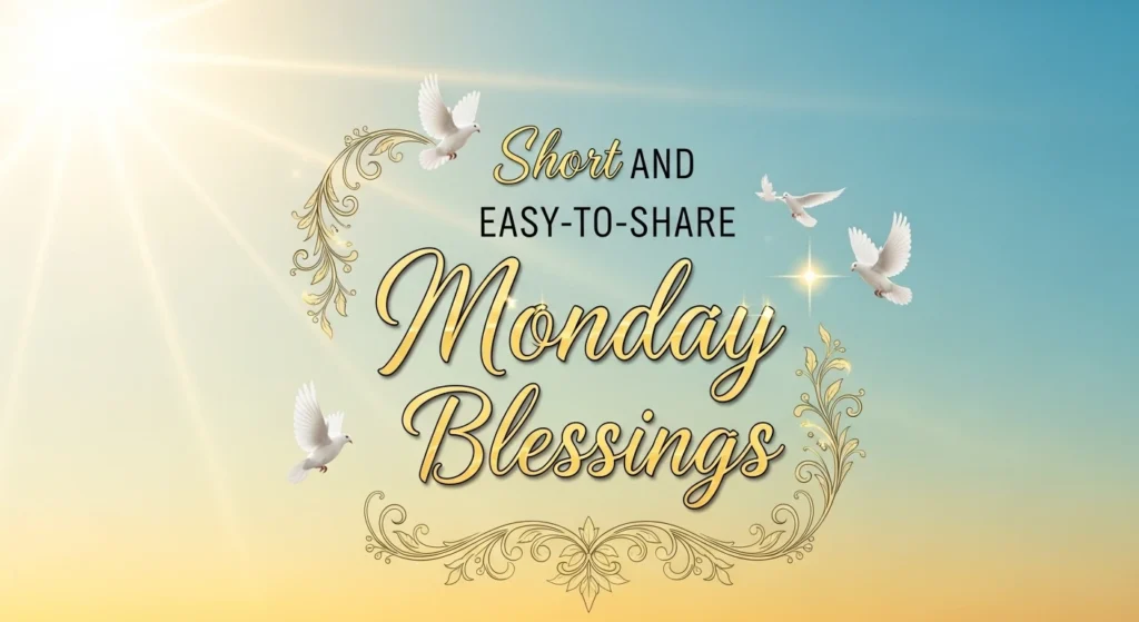 "Short and easy-to-share Monday Blessings with white doves, ornate gold flourishes and gradient sky"