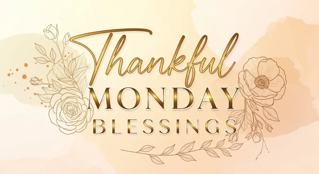 "Thankful Monday Blessings with golden roses, line art flowers and warm peachy background"